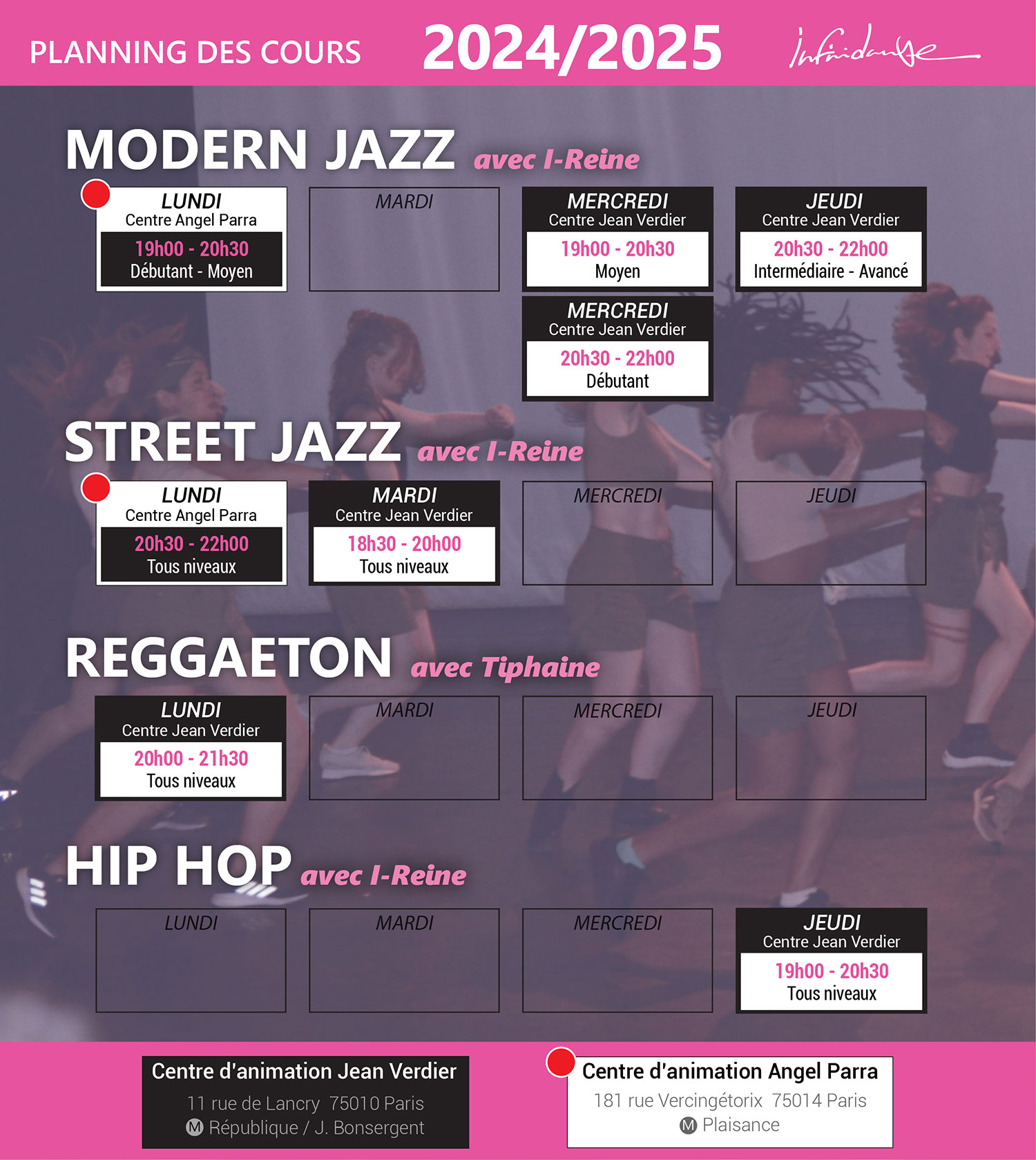 Planning des cours de l'association INFINIDANSE 2024 2025